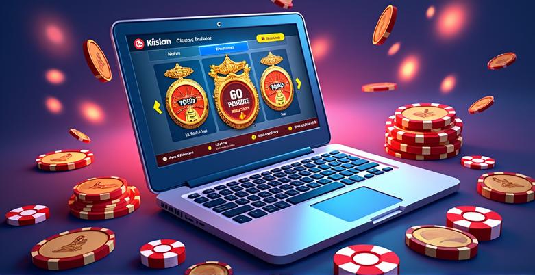 Online casino game interface with cards, chips, and dice, representing diverse online casino games and an online gambling experience